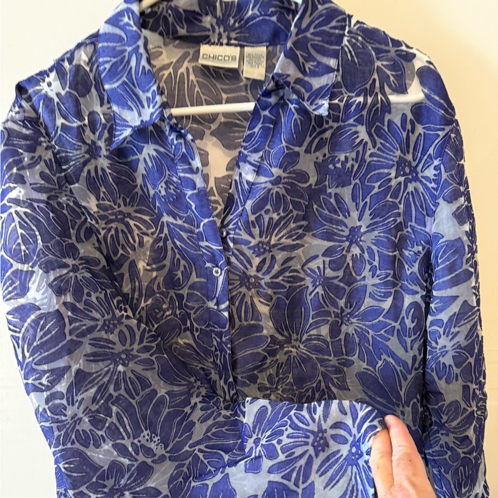 Chico's Sheer Purple Floral Button-Up Shirt